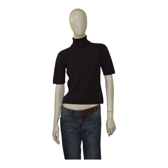 CELINE Paris Gray 100% Cashmere Short Sleeve Turtleneck Knit Top - Picture 1 of 7